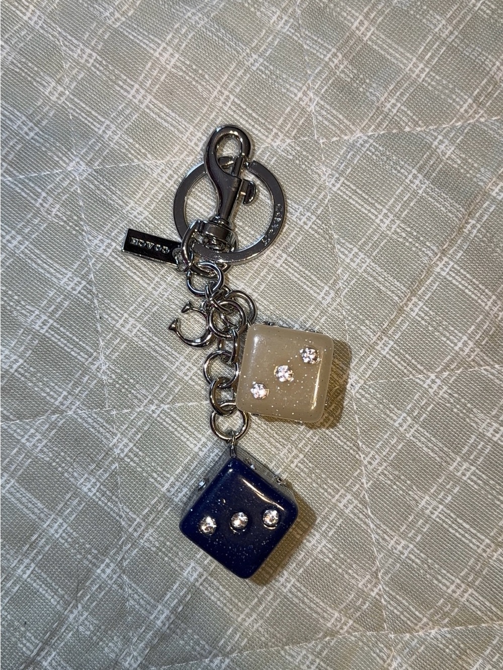 Coach Silver Hardware Keychain with Navy & Cream Dice Charms
